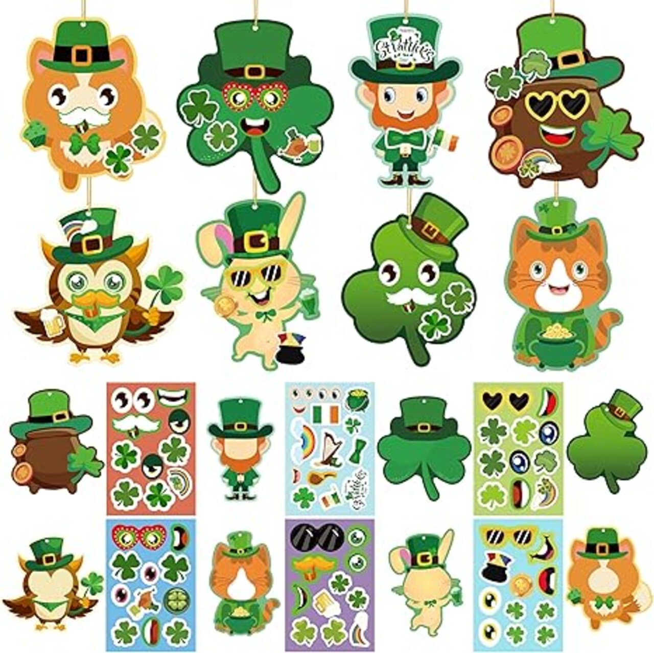 48Pcs St. Patricks Day Craft Kits Make Your Own Shamrock Face Stickers Gift Tags Irish Holiday DIY Art Crafts Hanging Ornament Decorations for Spring Home Classroom School Party Games Activities Gifts